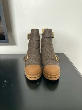 Michael Kors Brown Logo Buckle Ankle Boots with Tan Toe Caps